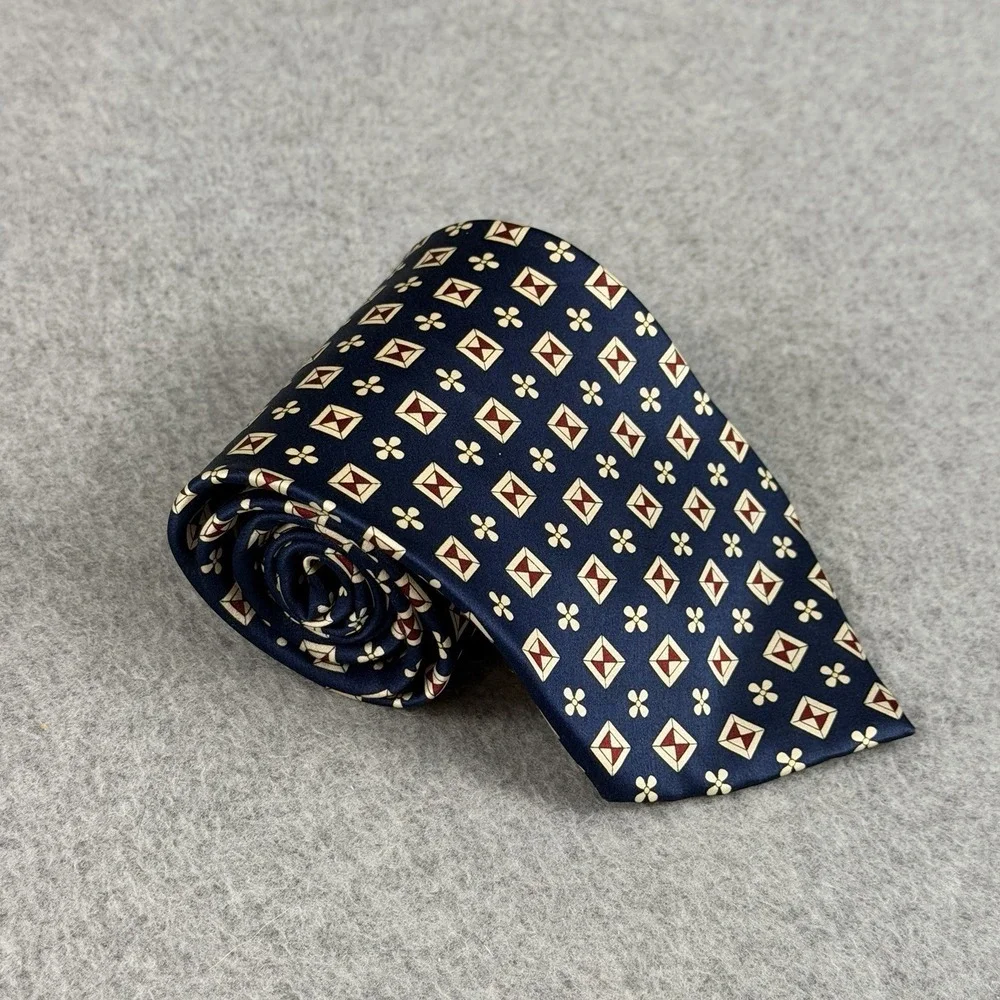 Vintage Dai Huang 100% Silk Handmade Navy Geometric Floral Necktie 55x3.9